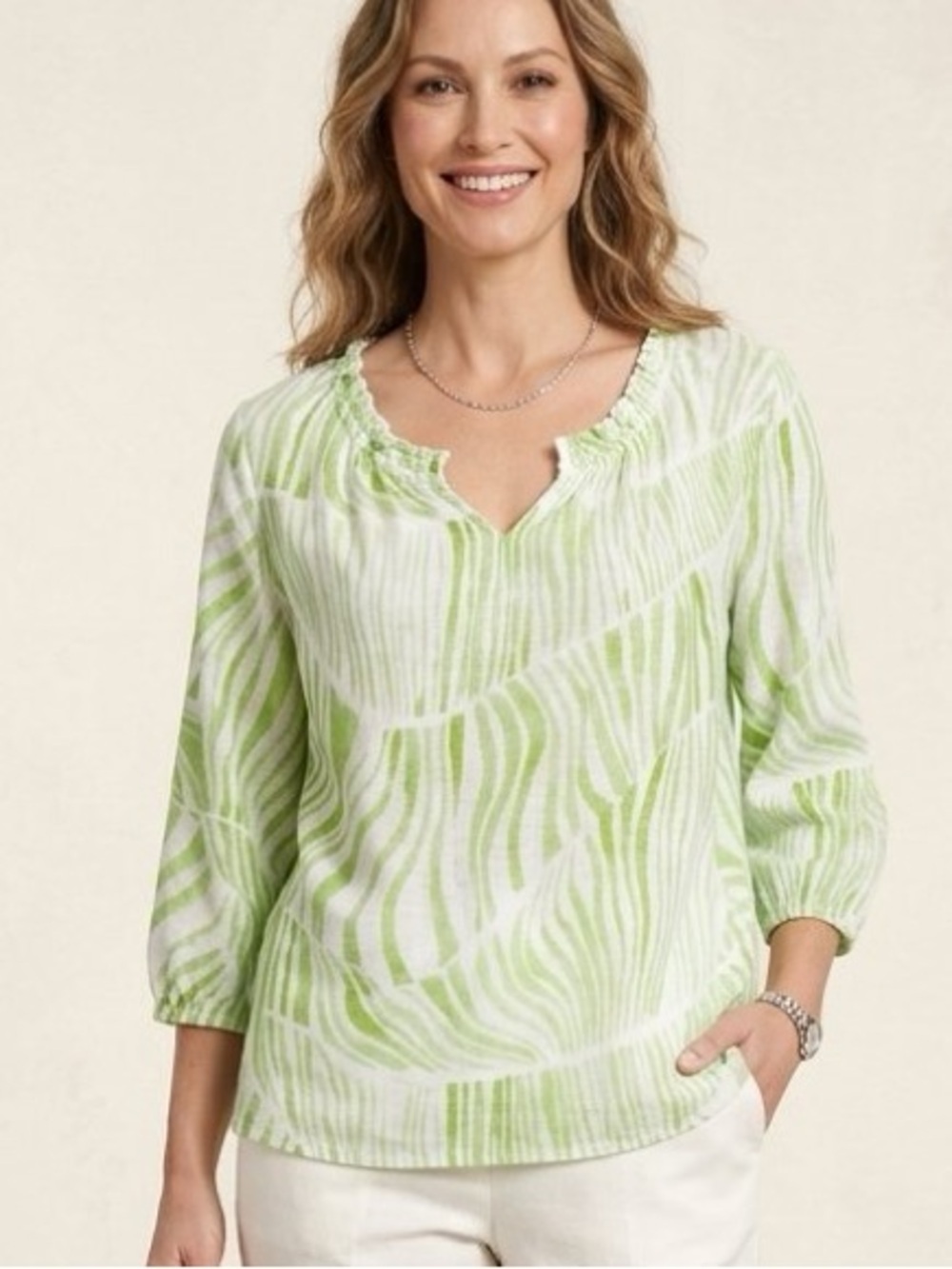 Chico’s • Green White Patterned Ruffle Blouse - Picture 1 of 7